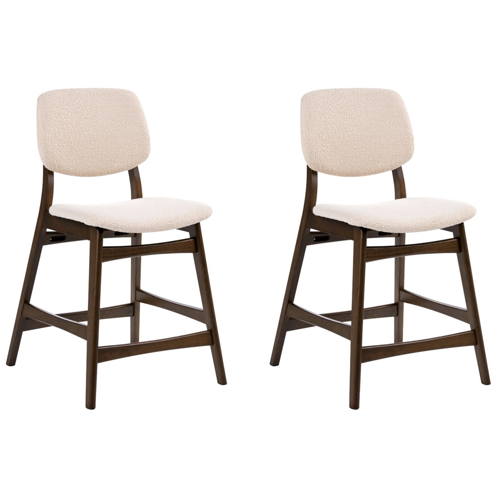Set di 2 sedie da bar con struttura in legno di gomma marrone scuro e seduta in tessuto bouclé beige senza braccioli design retrò