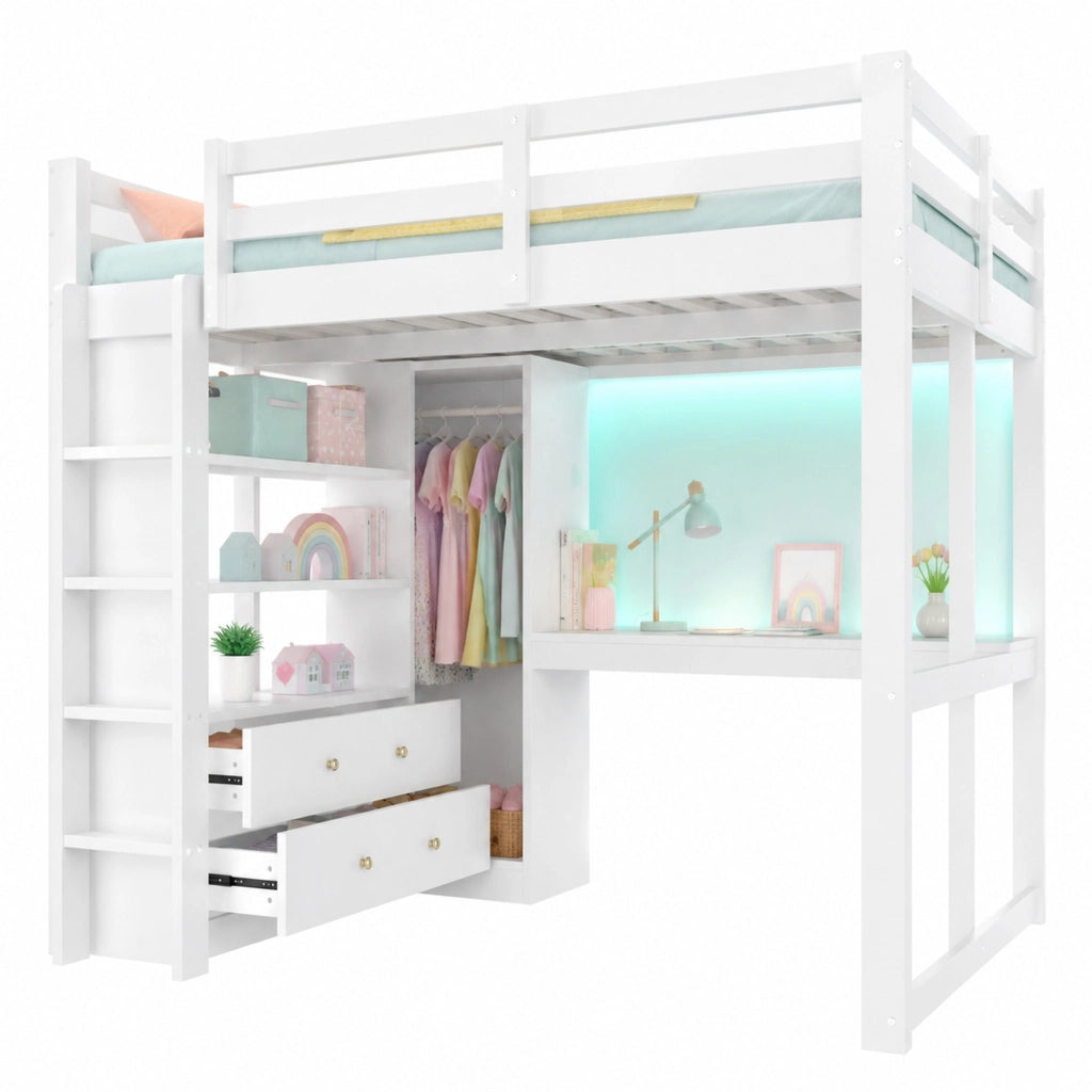 Letto a soppalco 140 × 200 cm con scrivania, 2 cassetti, ripiani, LED e USB in legno e MDF, bianco