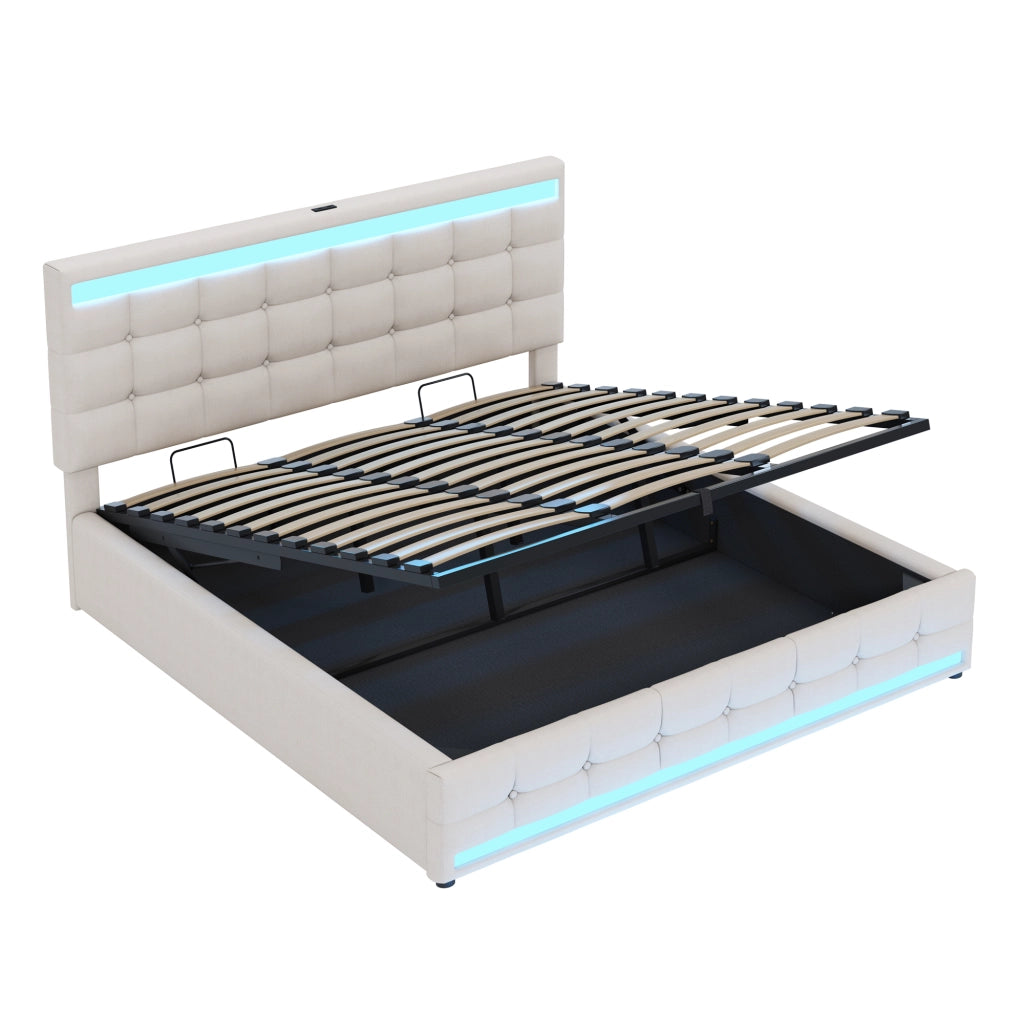 OKWISH Letto Imbottito 180×200 cm, Letto Matrimoniale con LED RGB Regolabile, USB e Testiera Regolabile, senza Materasso, Beige