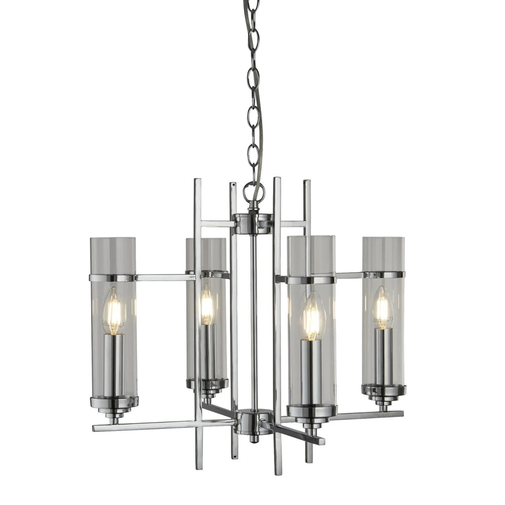 Lampadario Contemporaneo Milo Acciaio Cromo Vetro 4 Luci E14