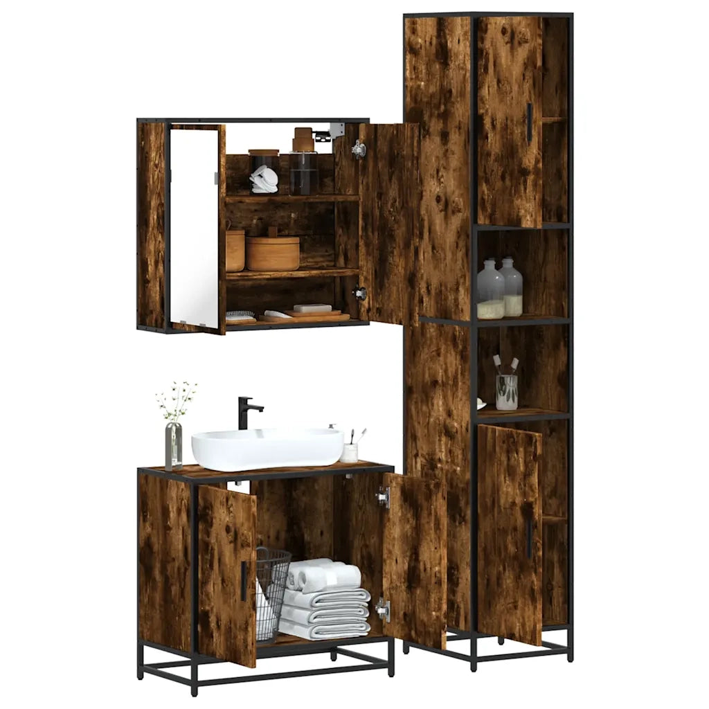 Set Mobili da Bagno 3 pz Rovere Fumo in Legno Multistrato