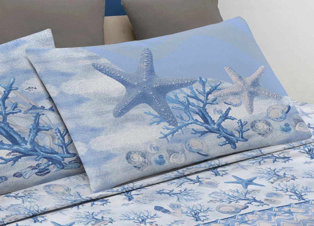 Completo Lenzuola Letto Pensieri Delicati 100% Cotone Dis. Marina New - Matrimoniale - Blu