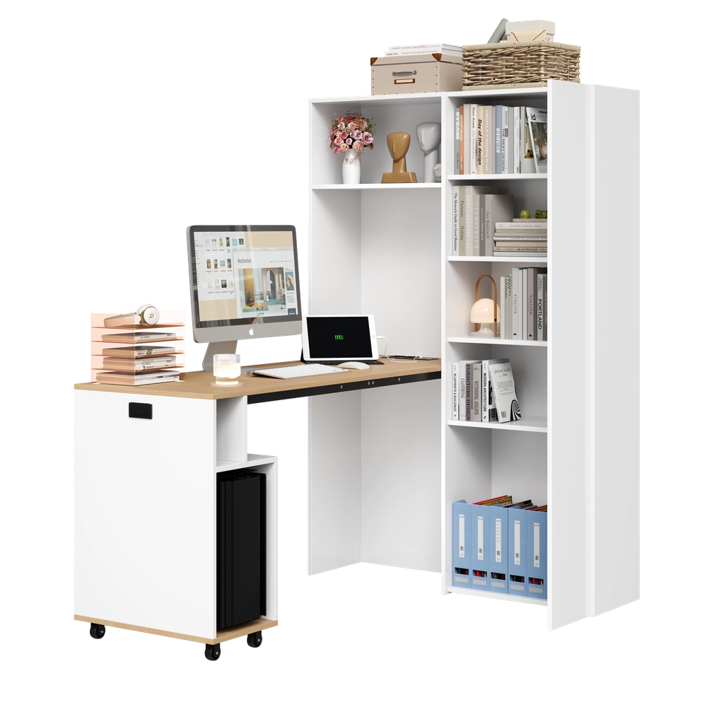 Scrivania Pieghevole con Libreria 2-in-1 ¨C MINIMAL ¨C Bianco, Ripiani Regolabili, Presa Elettrica USB, Angolare