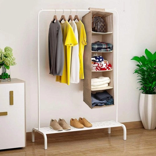Oreccia a muro con 5 contenitori, armadio a muro per abbigliamento, organizzatore per abbigliamento, scarpe, spaziale e pieghevole, beige