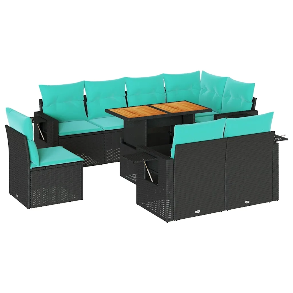 Set Divani da Giardino 9 pz con Cuscini Nero in Polyrattan
