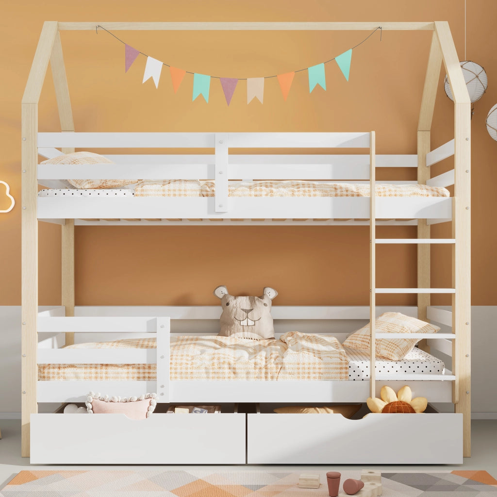 Letto a casetta per bambini 90x200 cm in legno di pino, con grandi cassetti e rete a doghe, bianco e rovere
