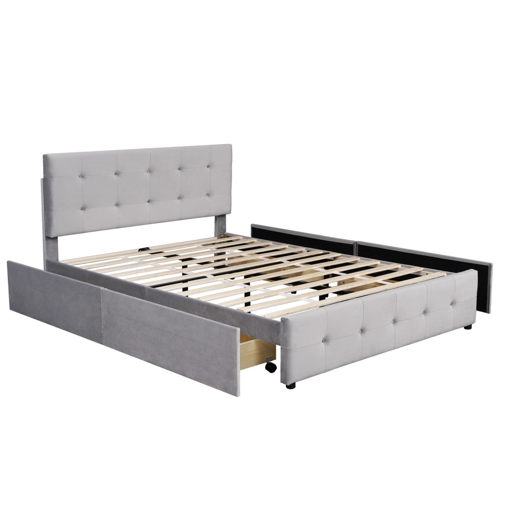 Letto matrimoniale imbottito con 4 cassetti e rete a doghe; in tessuto grigio