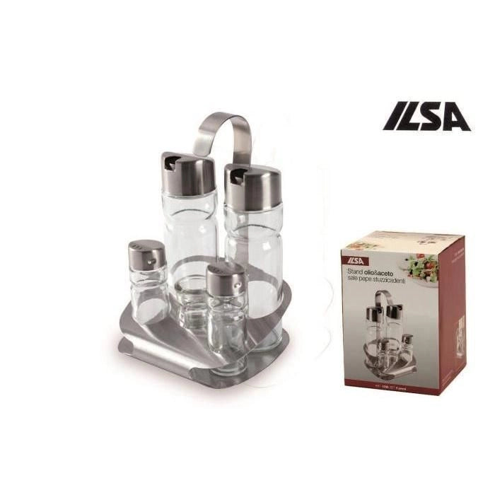 Ilsa ILS490250 Menage Set 5 Pezzi Oliera Acetiera Sale Pepe Stuzzicadenti Acciaio Inox 12,5x13,5 cm