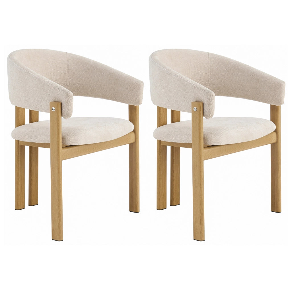 Set di 2 sedie da pranzo con braccioli; struttura in metallo effetto legno; tessuto lino beige
