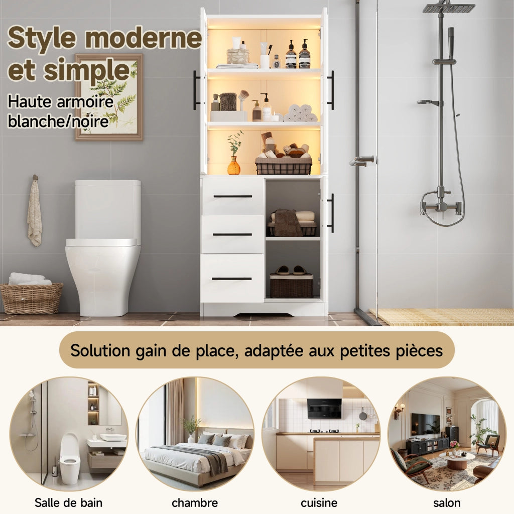 Armadietto da bagno con LED 3 cassetti 3 ante e ripiani regolabili per bagno e soggiorno bianco 72 × 35 × 170 cm
