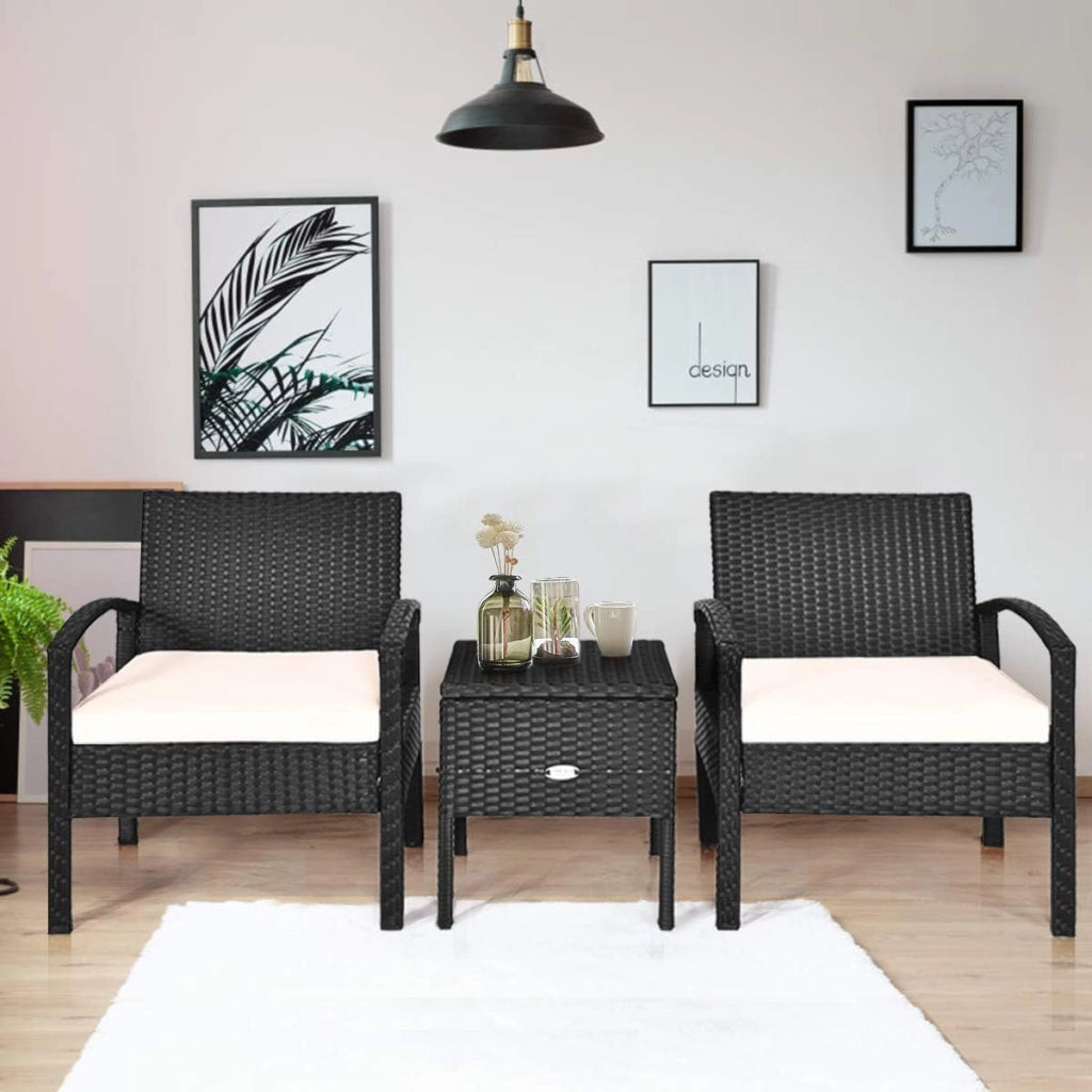 Set di mobili da esterno 3 pezzi, poltrone da giardino in rattan PE e tavolino da caffè, resistenti, con cuscini morbidi rimovibili, per giardino, terrazza, bistrot