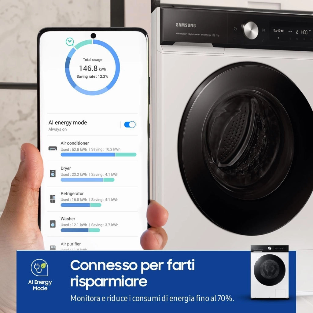 SAMSUNG BeSPOKE AI WW90DB7U94GEU3 Lavatrice a carica frontale 9 Kg Classe A Ecodosatore AI Lavaggio e Control Profondita' 60 bianco