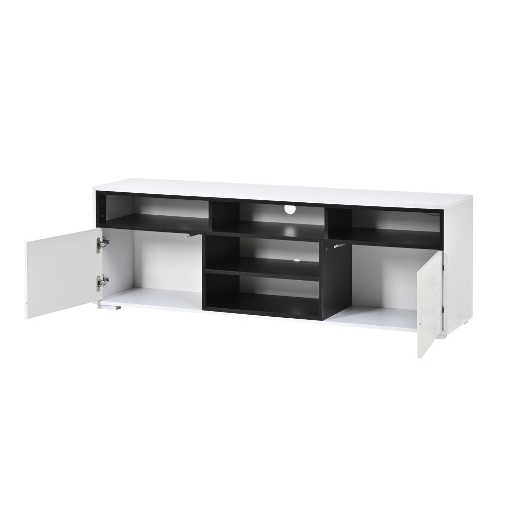 Mobile TV ULEVR 150x35x50 cm con LED USB, 2 ante push-to-open e vani aperti, bianco e nero