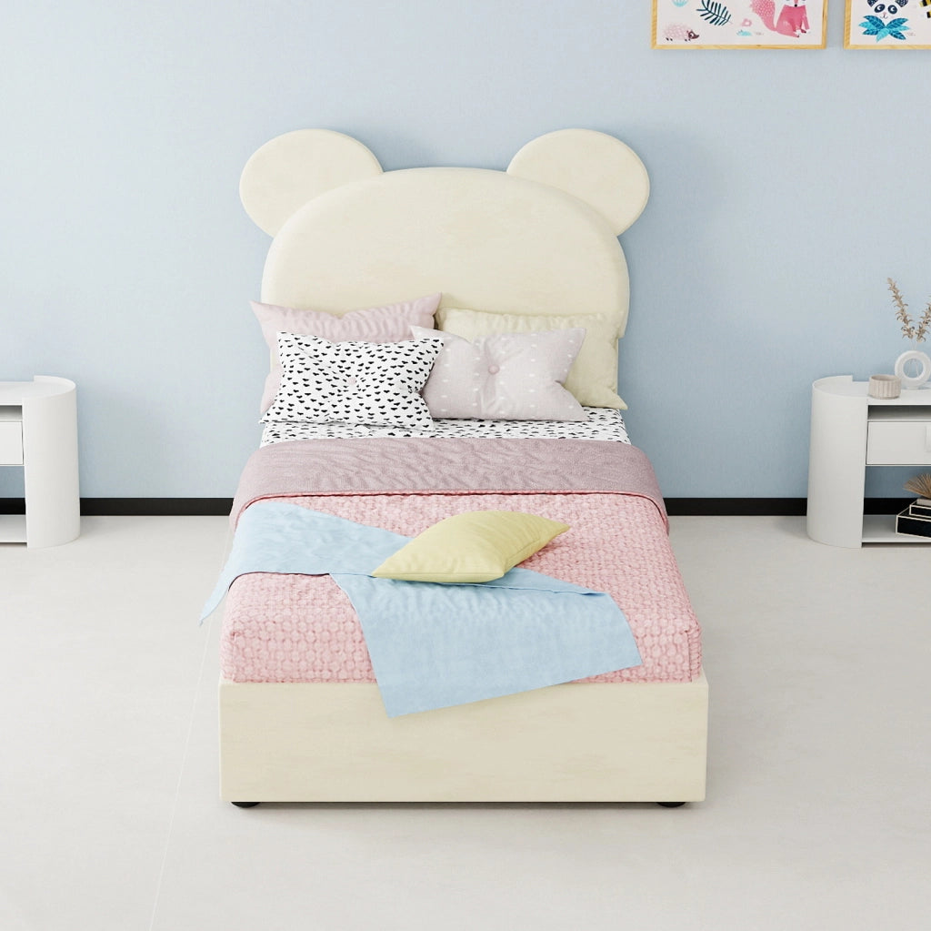 Letto imbottito 90x200 cm beige con testiera cartoon e contenitore a sollevamento