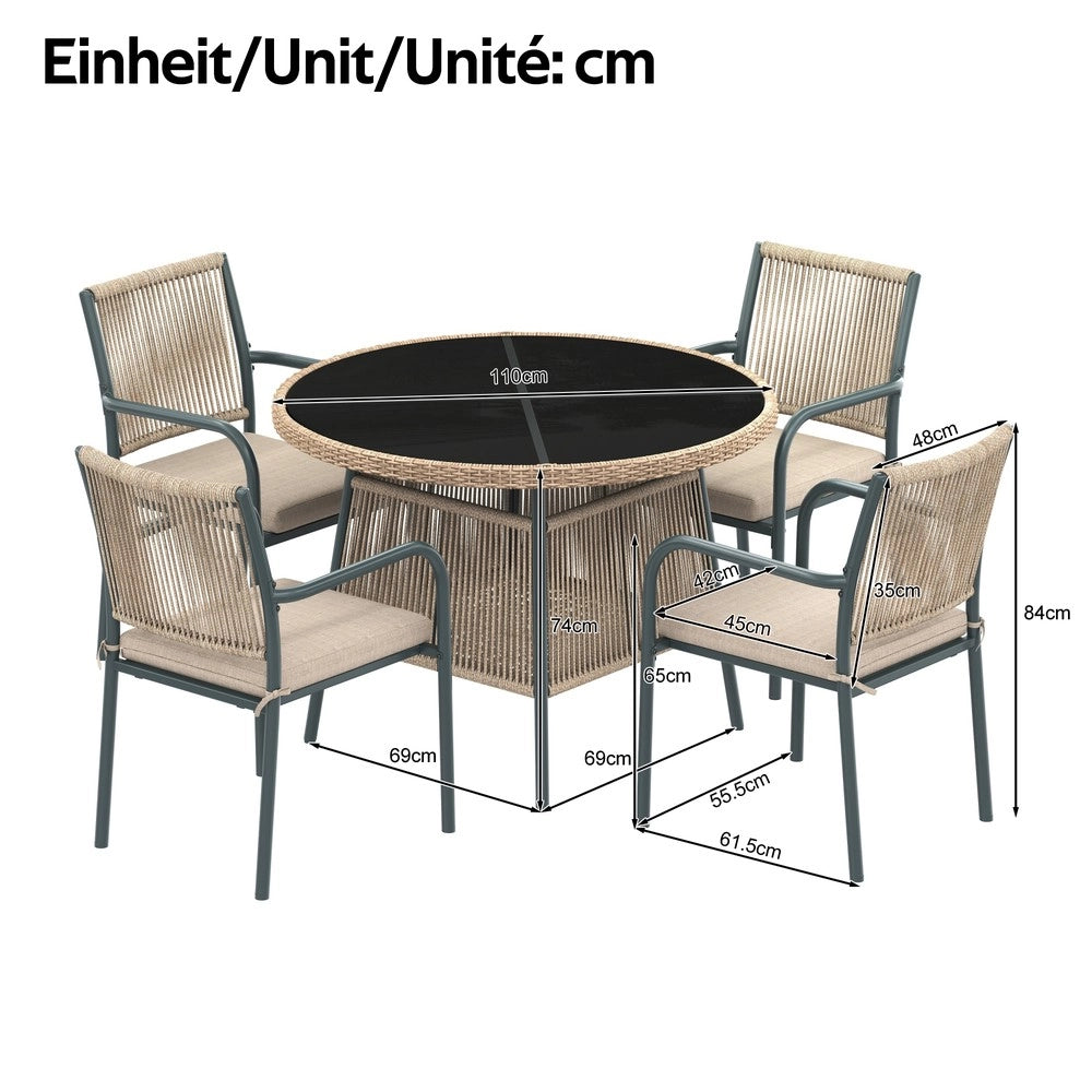 Set Tavolo Rotondo in Rattan con Vetro e 4 Sedie con Braccioli da Giardino ¨C Xylo ¨C Antracite