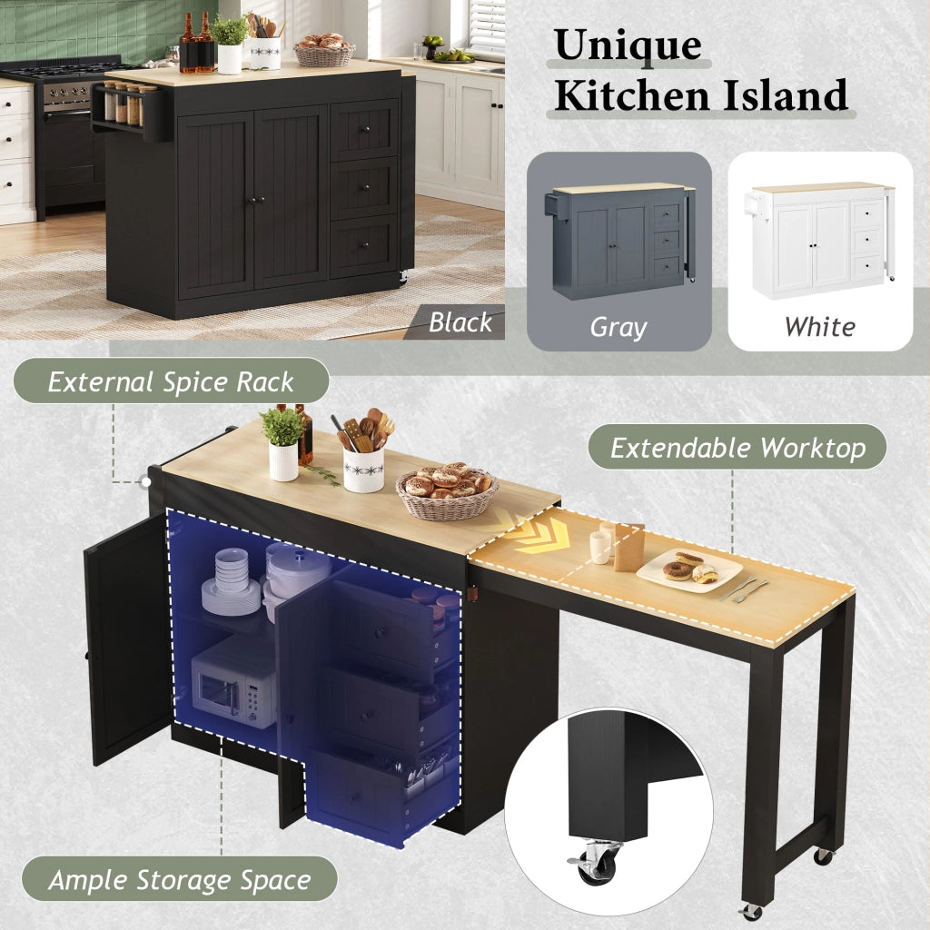 Carrello da cucina con piano estraibile, 3 cassetti, ripiani regolabili e portaspezie per cucina e pranzo, in MDF e PB, nero