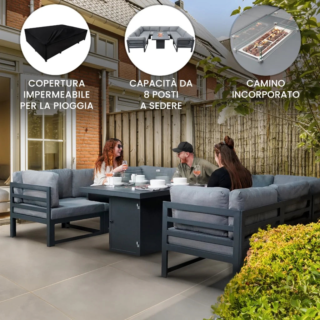 Mobili da giardino componibili Grigio 9 pezzi Divano Tavolo e Focolare Set da salotto per esterni