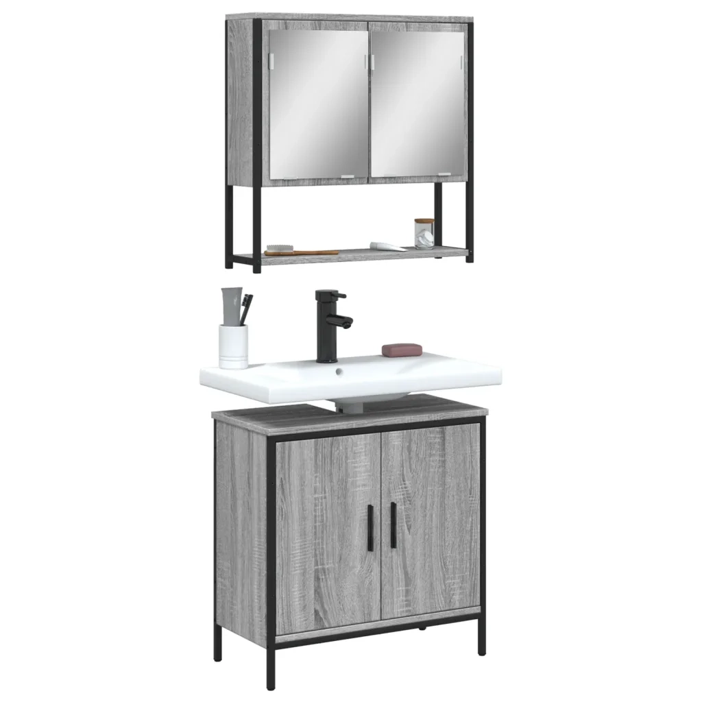 Set Mobili da Bagno | Armadio da bagno 2 pz Grigio Sonoma in Legno Multistrato
