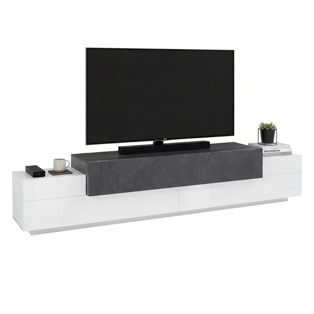 Mobile da soggiorno Porta Tiche, Made in Italy, Credenza per Tiche da salotto a 3 ante e ripiani, cm 240x45h52, colore Bianco lucido e Grigio Cenere