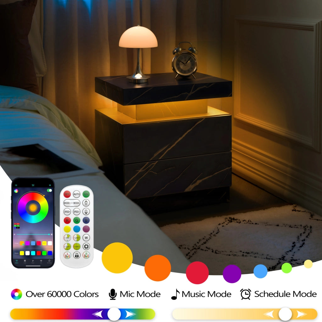 Comodino moderno con luci LED regolabili, 2 cassetti, colore nero e oro