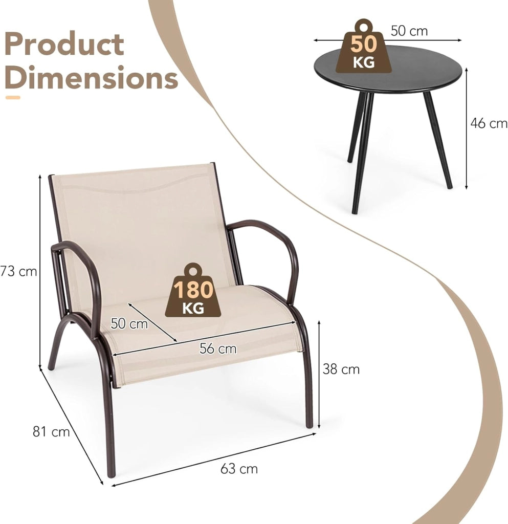 Set di Mobile da Giardino in 3 Pezzi, Set Tavolo Rotondo e 2 Sedie da Balcone in Tessuto Textilene e Metallo, Set da Bistrò per Patio, Veranda, Bordo di Piscina, per 2 Persone, Marrone