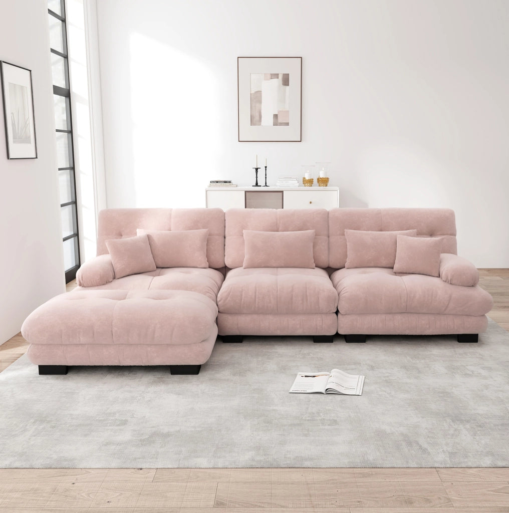 Divano modulare angolare 313x145x81 cm in ciniglia rosa con pouf mobili