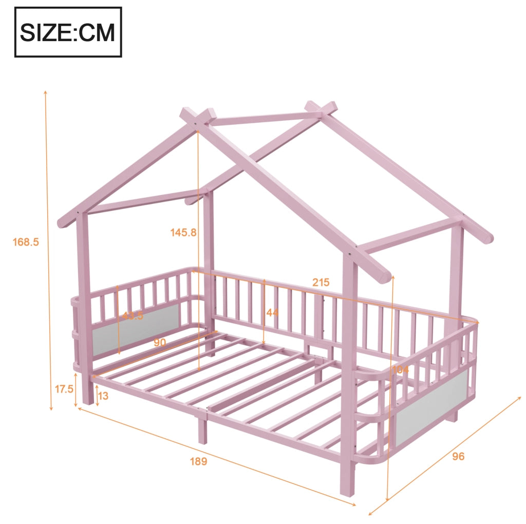 Letto a forma di casa 90x200 cm con sponde di sicurezza in metallo rosa