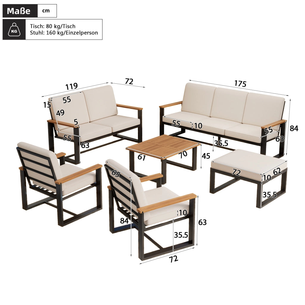 Set Salotto da Giardino Divano 3+2+1+1 Posti con Tavolino e Pouf ¨C MINIMAL ¨C Acacia e Acciaio Beige