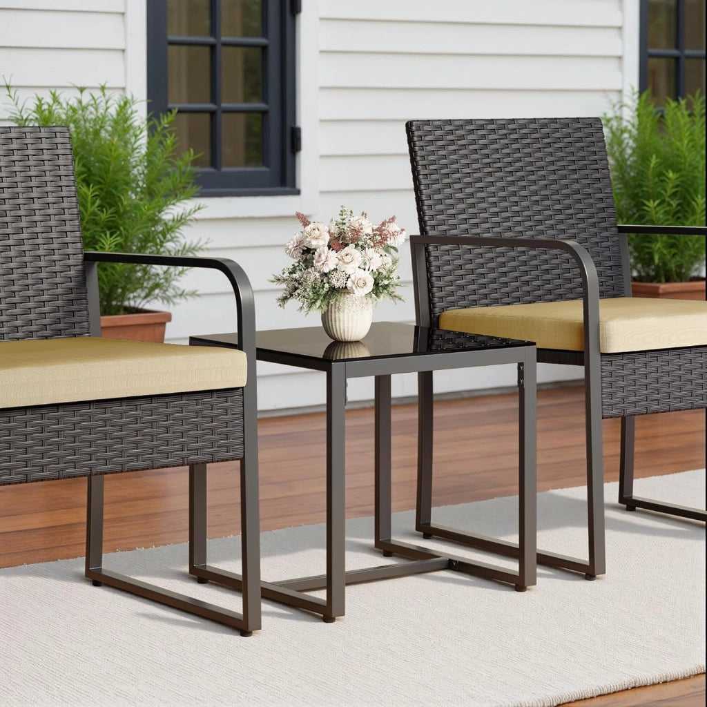 Set Giardino in Rattan per 2 Persone, Mobili da Esterno in Vimini con Cuscini, Tavolino e 2 Sedie per Terrazza, Balcone, Giardino o Piscina (beige)