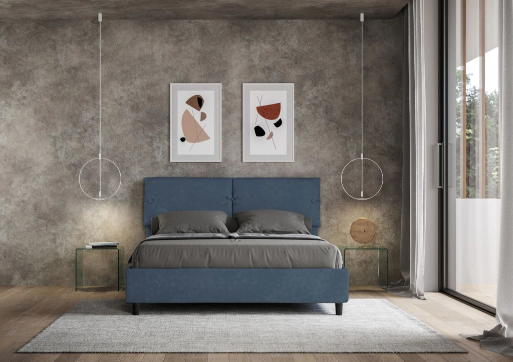 BS COM Letto matrimoniale senza rete imbottito 160x190 microfibra blu
