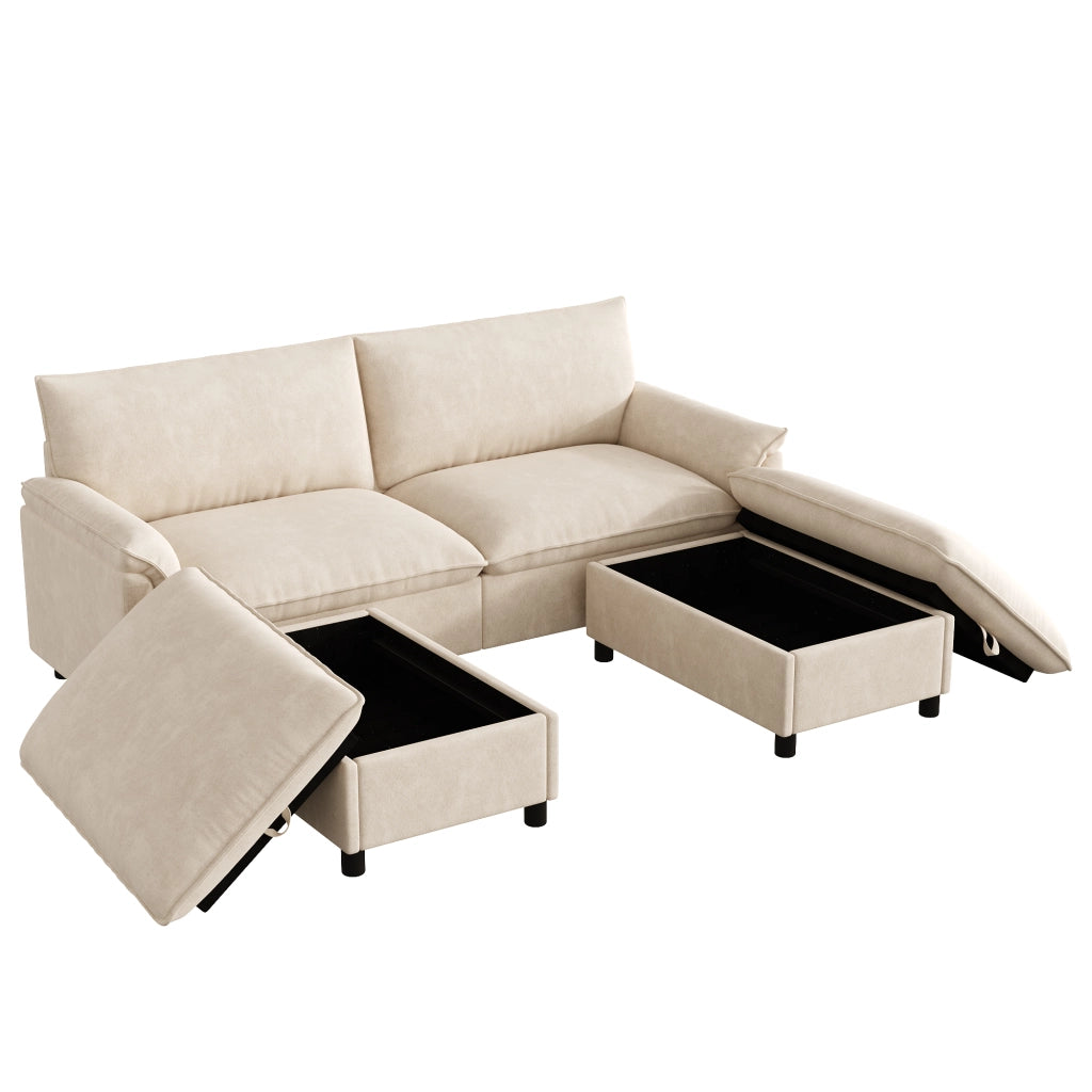 Divano modulare con pouf contenitore e funzione letto - in chenille beige