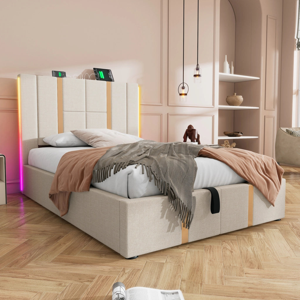 Letto imbottito 90x200 cm beige con materasso, LED RGB, USB-C e vano contenitore