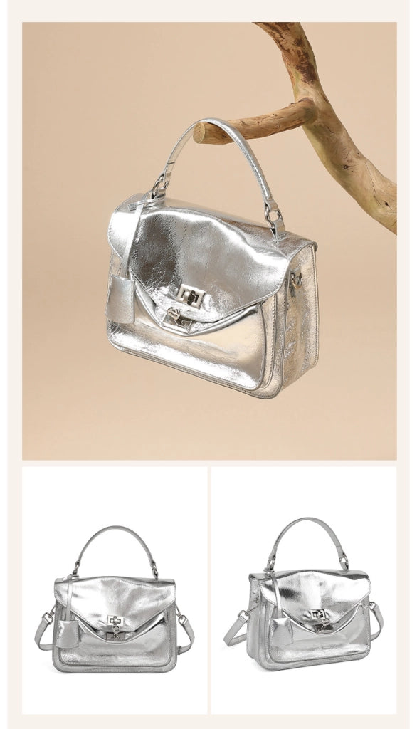 Borsa a tracolla da donna in vera pelle, modello tote/hobo, colore argento.