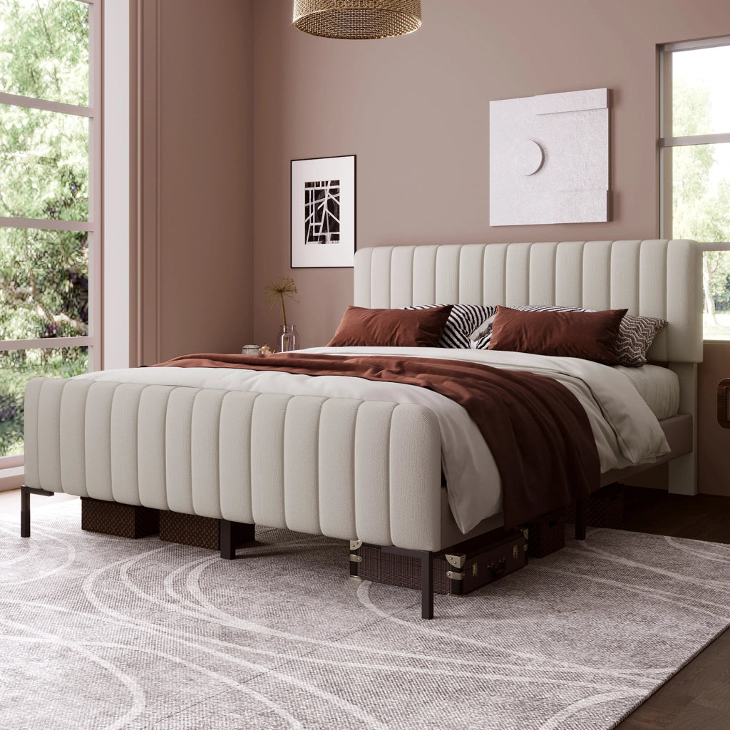 Letto matrimoniale – 140x200 cm – testiera regolabile rete – lino grigiobeige