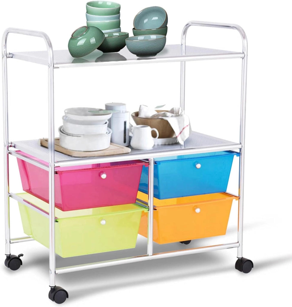 Carrello con 4 Cassetti e 2 Ripiani, Carrello Portaoggetti con Ruote per Cucina Bagno Ufficio, Multiuso, 58,5x37x75 cm (Colorato)
