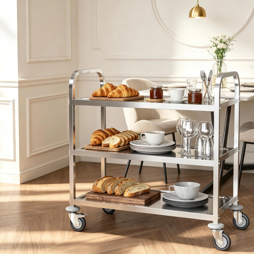 CARRELLO di servizio a 3 ripiani 90,5x50,5x88,2 cm in acciaio inox cromato