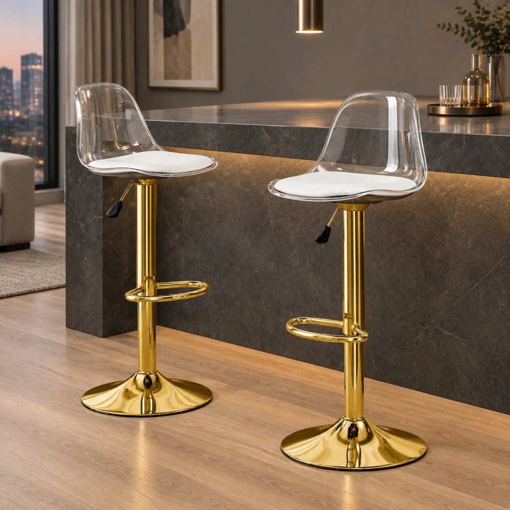 Set di 2 sgabelli da bar regolabili 82-104 cm, oro e trasparente, girevoli