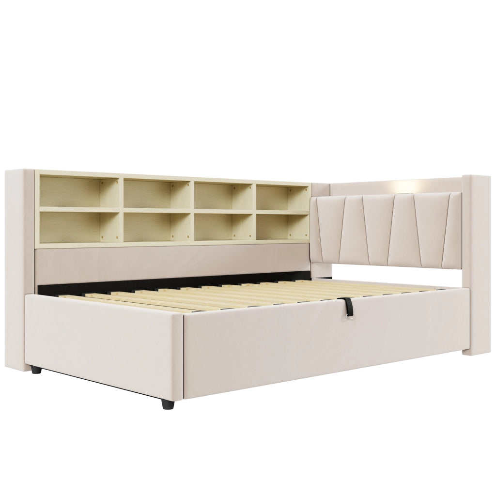 DESMIU Letto singolo 90 × 200 cm con contenitore idraulico, USB, Type-C, ripiani, senza materasso, in velluto, beige