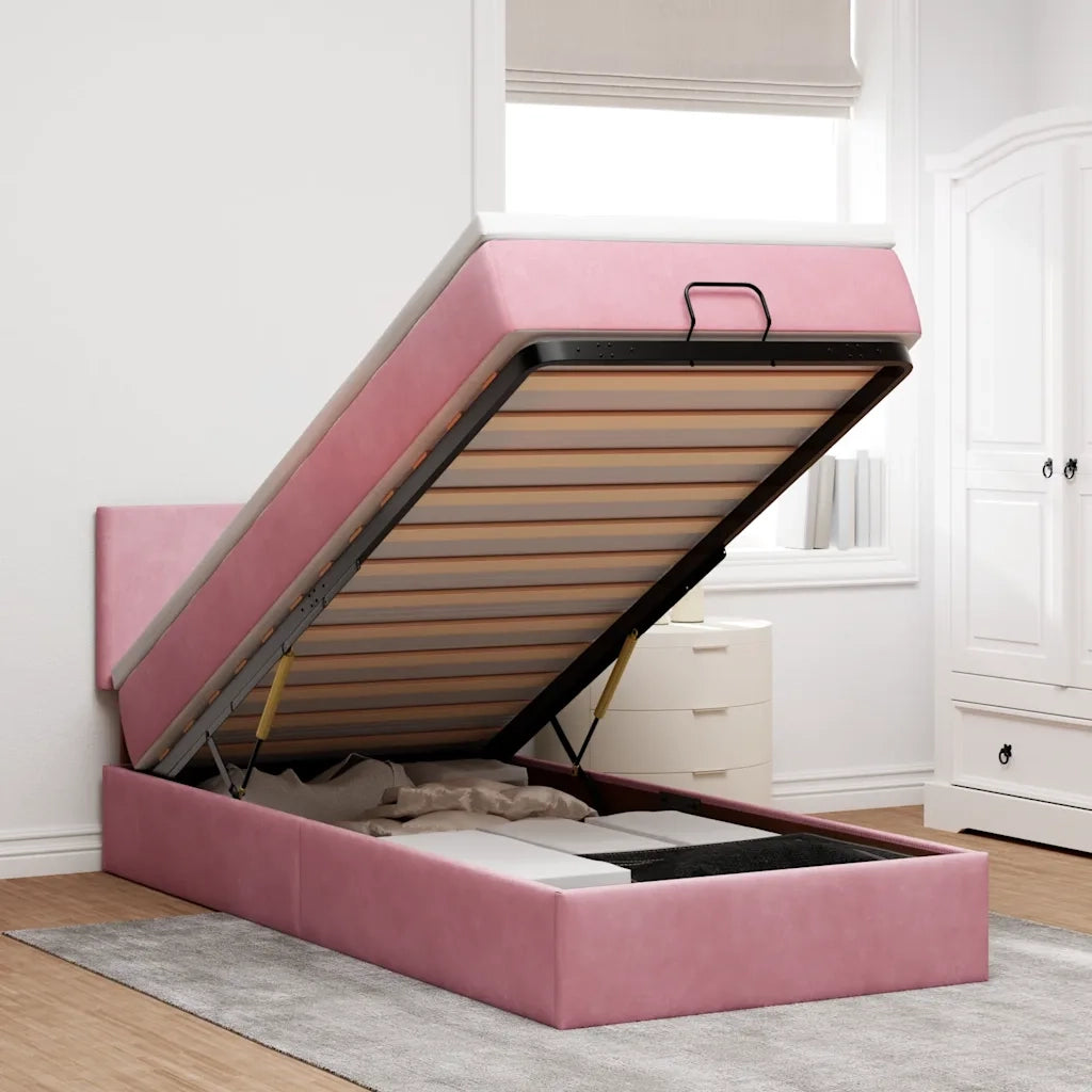 Struttura Letto Pouf con Materasso Rosa 90x190 cm in Velluto 3311674