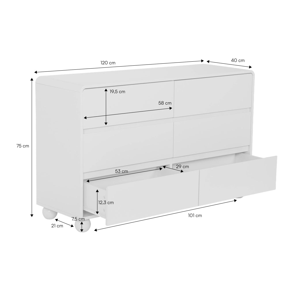 Cassettiera per bambini effetto legno laccato, 6 cassetti
