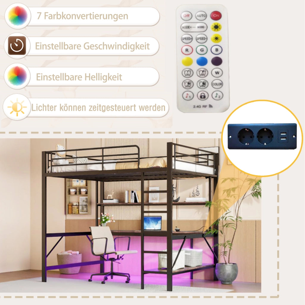 Letto a Soppalco Letto Matrimoniale con USB; Presa; LED; Scrivania e Scaffali 140×200 cm; senza Materasso