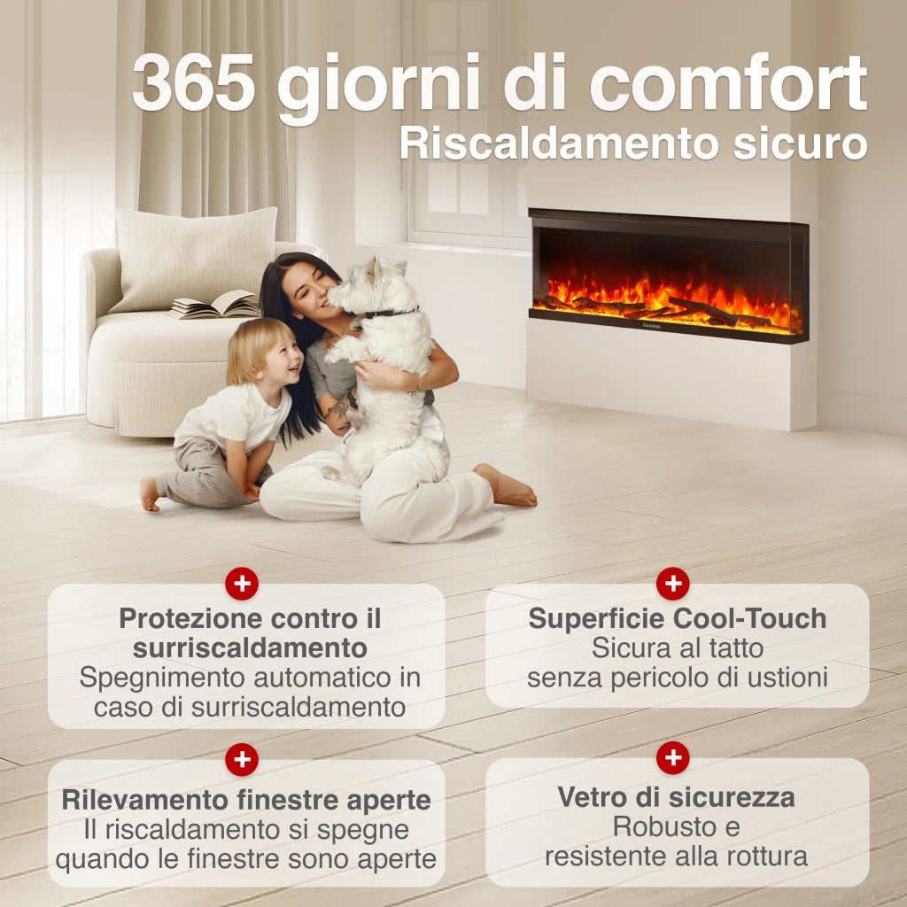 KAMINIO Camino elettrico LEA - Camino 3 in 1 con vista panoramica, riscaldamento, effetto fiamma, 12 colori delle fiamme, telecomando - 42 pollici