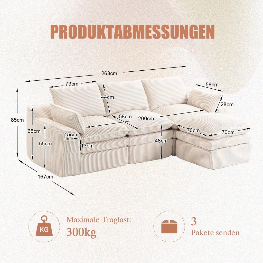 Divano modulare 3 posti in velluto a coste con cuscini, tasche laterali e schiuma a 3 strati, beige