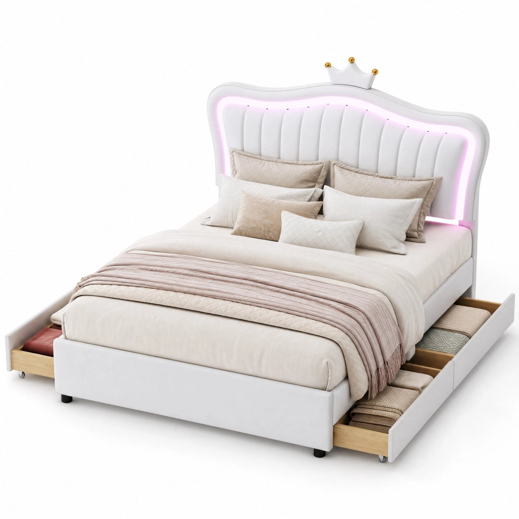 Letto per bambini imbottito 140x200 cm con contenitore; LED e testiera a conchiglia; bianco