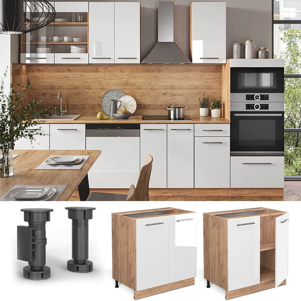 Mobiletto base cucina Fame-Line Bianco lucido/Rovere dorato 80 cm con ripiano, senza piano di lavoro Vicco