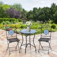 Set da Giardino 3 Pezzi, Tavolino e 2 Sedie Pieghevoli con Mosaico, Blu