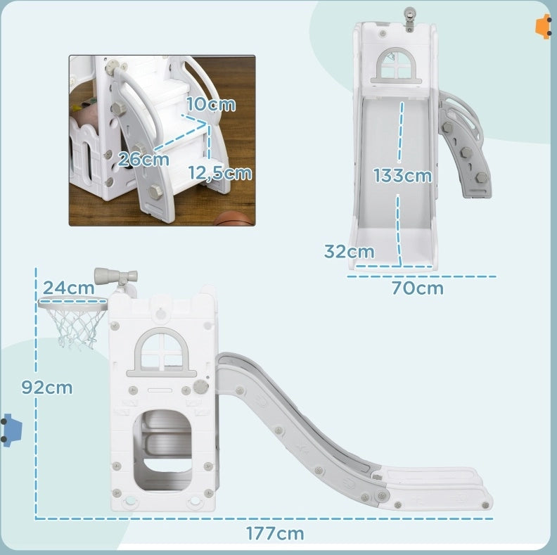 Scivolo per bambini 5 in 1 grigio con canestro, telescopio e contenitore