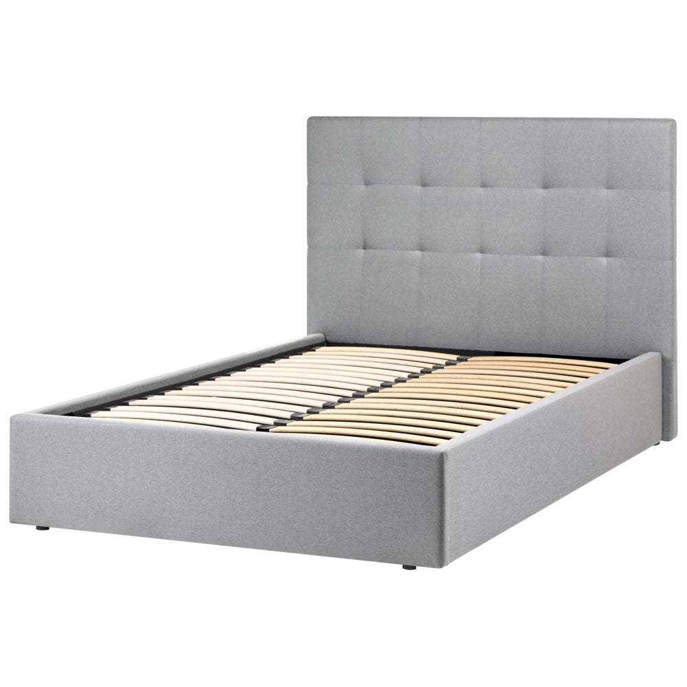Letto matrimoniale con contenitore portaoggetti e testiera imbottita 120x200 cm in tessuto grigio