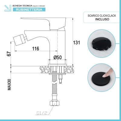 Miscelatore bidet Flat in ottone nero opaco con piletta click clack