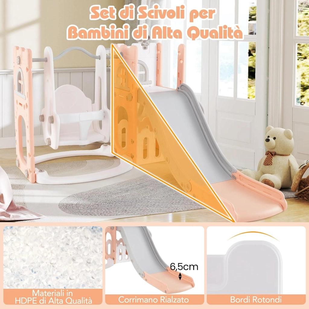 7 in 1 Parco Giochi per Bambini, Set di Scivolo e Altalena per Bambini con Canestro da Basket e Telescopio, 142 x 165 x 92 cm, 1-3 Anni (Rosa)